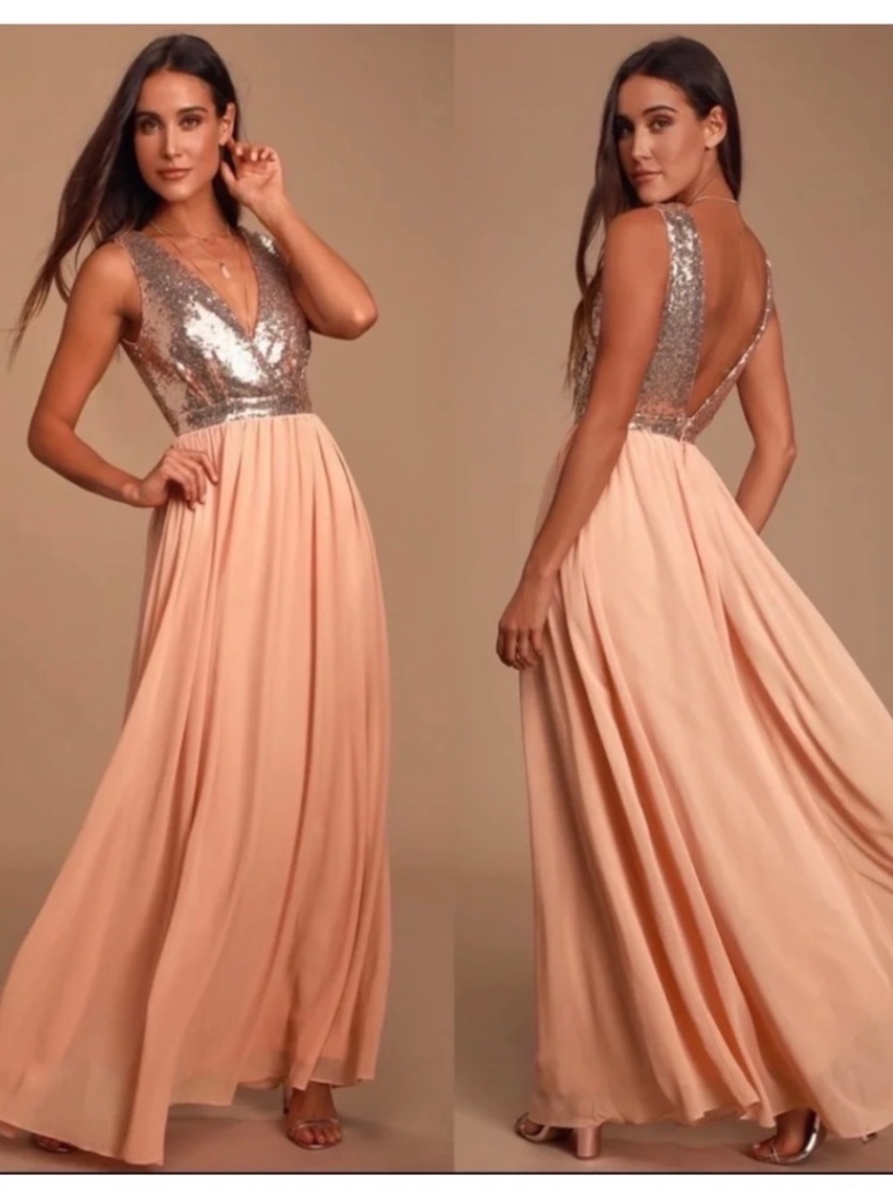 NWT Lulus Elegant Encounter Rose Gold Sequin Maxi Dress S